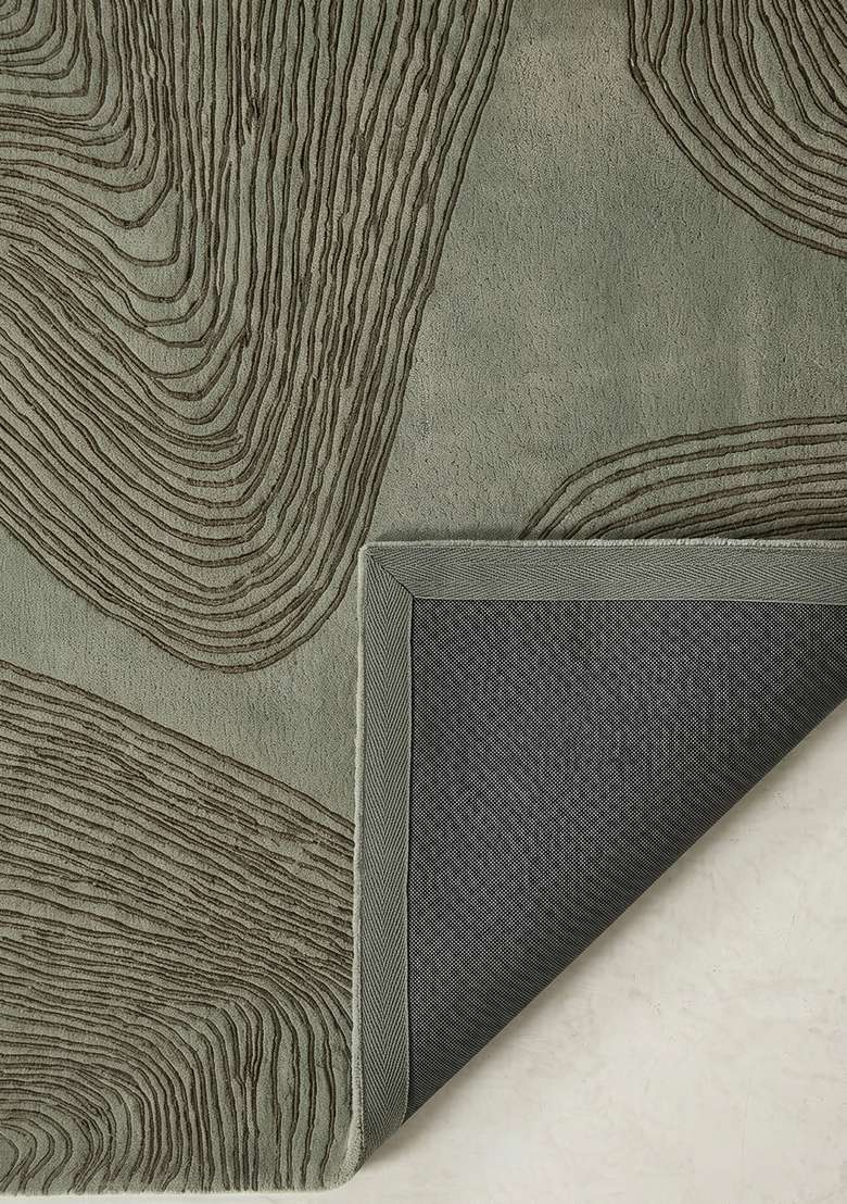 100% Wool Handmade Muted Sage Green Rug | Contemporary Swirls Carpet With Cotton Backing For Living Room - Indya