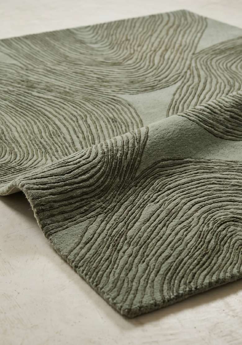 100% Wool Handmade Muted Sage Green Rug | Contemporary Swirls Carpet With Cotton Backing For Living Room - Indya