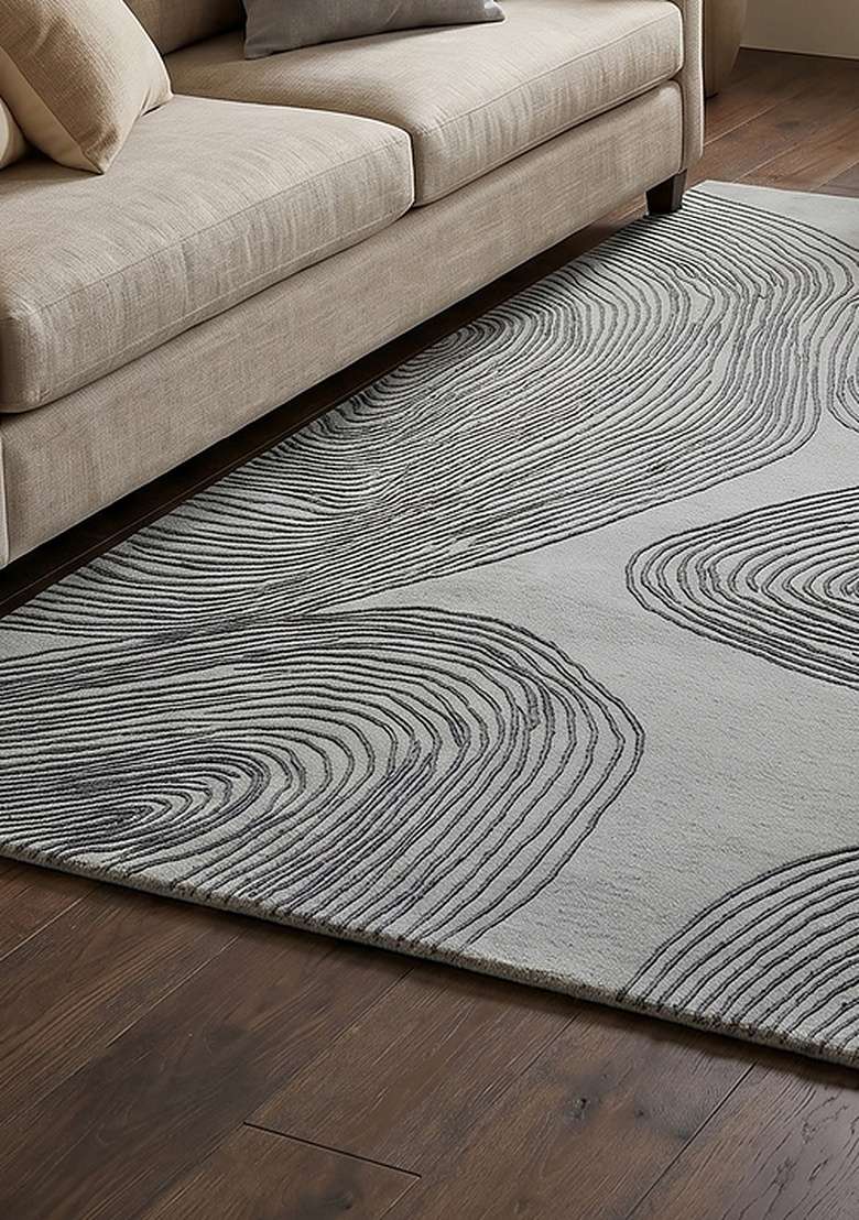 100% Wool Handmade Mist Grey Rug | Contemporary Swirls Carpet With Cotton Backing For Living Room - Indya