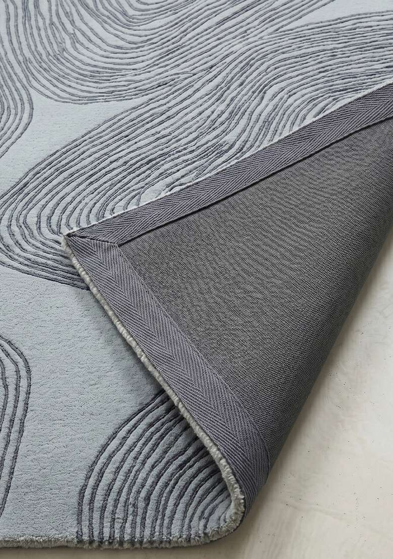 100% Wool Handmade Mist Grey Rug | Contemporary Swirls Carpet With Cotton Backing For Living Room - Indya