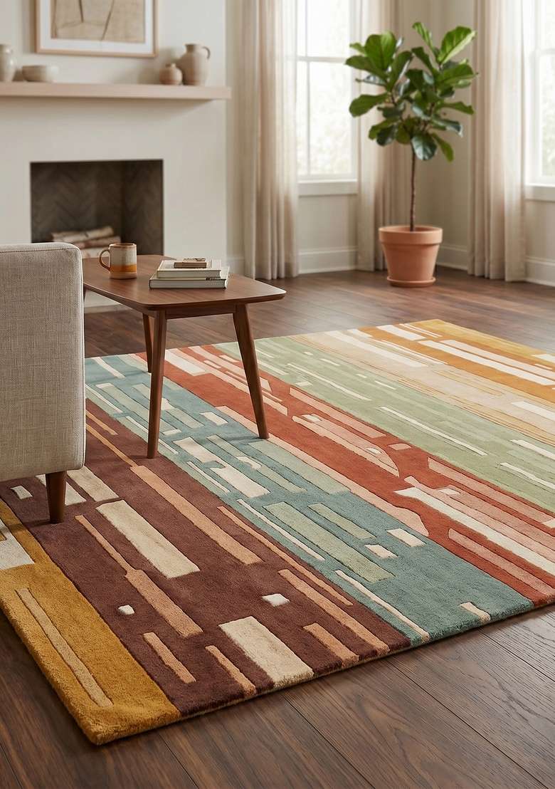 Saffron Rugs Hand-Tufted 100% Wool Area Rug | Earthy Sienna Rectangular Rug | Cotton Backing | Mid-Century Modern Striped Home Decor Carpet for Living Room Bedroom - Indya