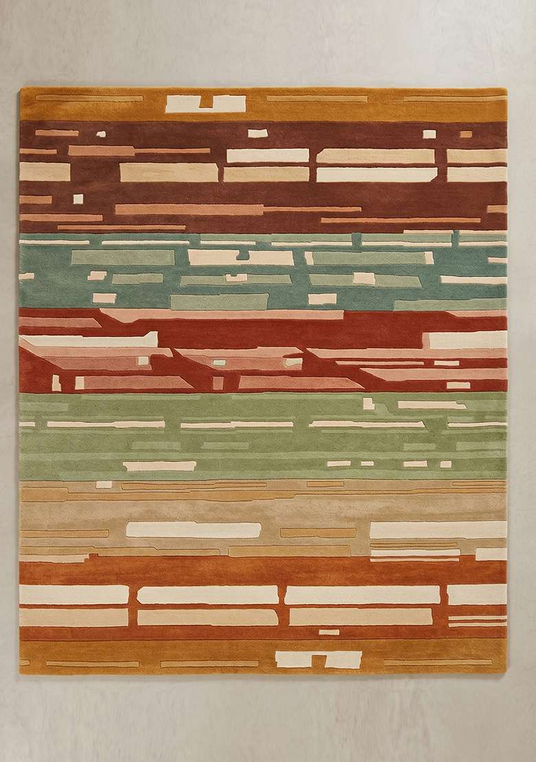 Saffron Rugs Hand-Tufted 100% Wool Area Rug | Earthy Sienna Rectangular Rug | Cotton Backing | Mid-Century Modern Striped Home Decor Carpet for Living Room Bedroom - Indya