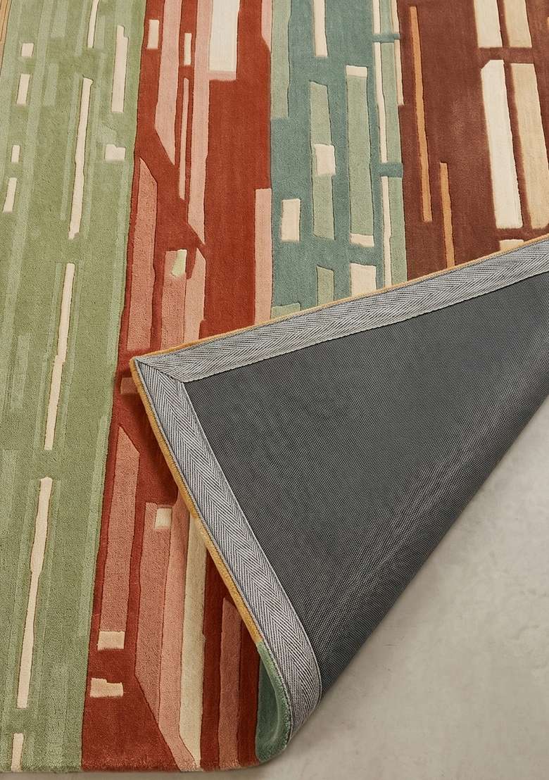 Saffron Rugs Hand-Tufted 100% Wool Area Rug | Earthy Sienna Rectangular Rug | Cotton Backing | Mid-Century Modern Striped Home Decor Carpet for Living Room Bedroom - Indya