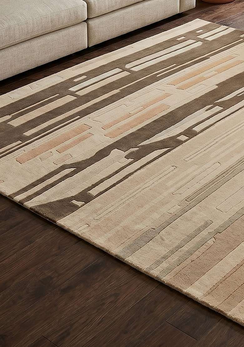Saffron Rugs Hand-Tufted 100% Wool Area Rug | Beige Rectangular Rug | Cotton Backing | Mid-Century Modern Striped Home Decor Carpet for Living Room Bedroom - Indya