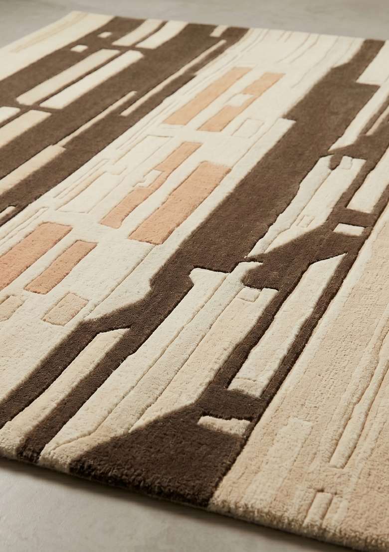 Saffron Rugs Hand-Tufted 100% Wool Area Rug | Beige Rectangular Rug | Cotton Backing | Mid-Century Modern Striped Home Decor Carpet for Living Room Bedroom - Indya