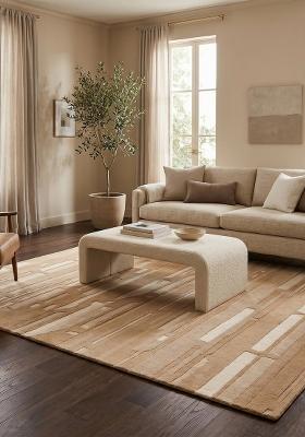 Saffron Rugs Hand-Tufted 100% Wool Area Rug | Camel Tan Rectangular Rug | Cotton Backing | Mid-Century Modern Striped Home Decor Carpet for Living Room Bedroom