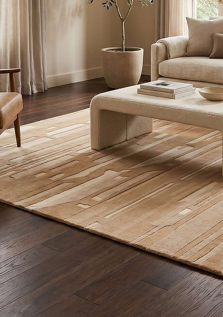 Saffron Rugs Hand-Tufted 100% Wool Area Rug | Camel Tan Rectangular Rug | Cotton Backing | Mid-Century Modern Striped Home Decor Carpet for Living Room Bedroom - Indya