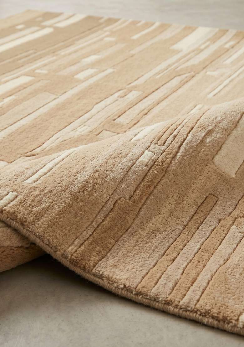 Saffron Rugs Hand-Tufted 100% Wool Area Rug | Camel Tan Rectangular Rug | Cotton Backing | Mid-Century Modern Striped Home Decor Carpet for Living Room Bedroom - Indya