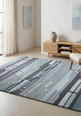 Saffron Rugs Hand-Tufted 100% Wool Area Rug | Slate Blue Rectangular Rug | Cotton Backing | Mid-Century Modern Striped Home Decor Carpet for Living Room Bedroom