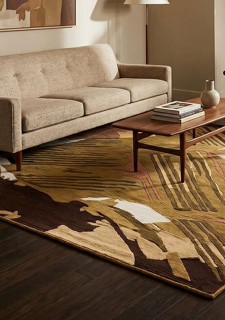 Saffron Rugs Hand-Tufted 100% Wool Area Rug | Olive Green Square Rug | Cotton Backing | Contemporary Camouflage Home Decor Carpet for Living Room Bedroom - Indya