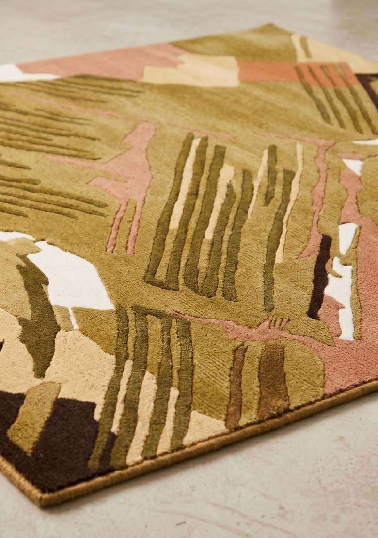 Saffron Rugs Hand-Tufted 100% Wool Area Rug | Olive Green Square Rug | Cotton Backing | Contemporary Camouflage Home Decor Carpet for Living Room Bedroom - Indya