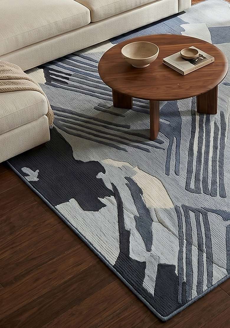 Saffron Rugs Hand-Tufted 100% Wool Area Rug | Steel Blue Square Rug | Cotton Backing | Contemporary Camouflage Home Decor Carpet for Living Room Bedroom - Indya
