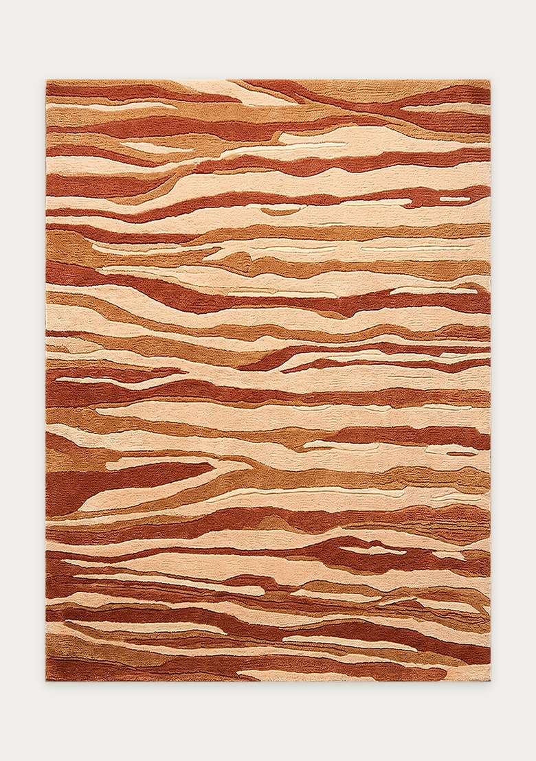 100% Wool Handmade Rust Orange Rug | Contemporary Striped Carpet With Cotton Backing For Living Room - Indya