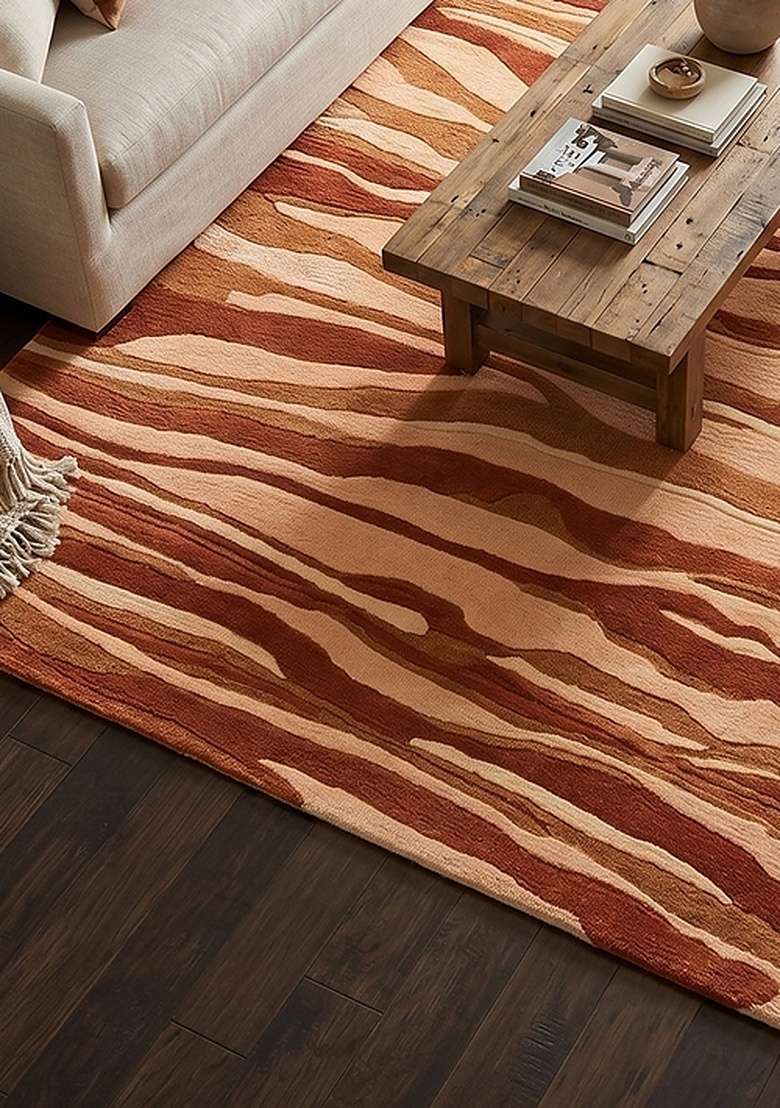 100% Wool Handmade Rust Orange Rug | Contemporary Striped Carpet With Cotton Backing For Living Room - Indya