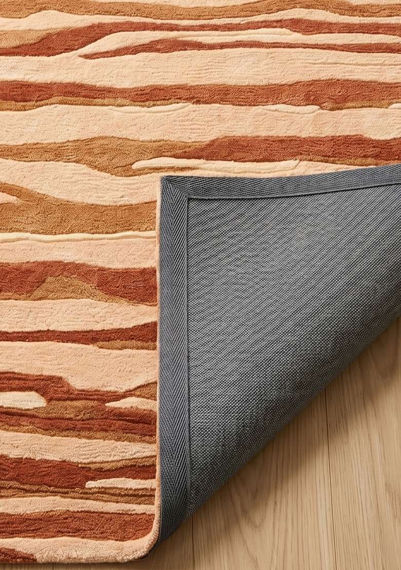 100% Wool Handmade Rust Orange Rug | Contemporary Striped Carpet With Cotton Backing For Living Room - Indya