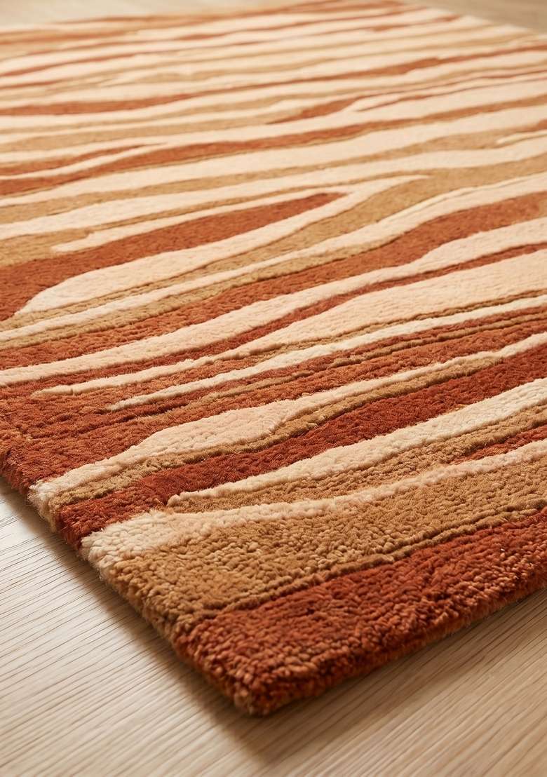 100% Wool Handmade Rust Orange Rug | Contemporary Striped Carpet With Cotton Backing For Living Room - Indya