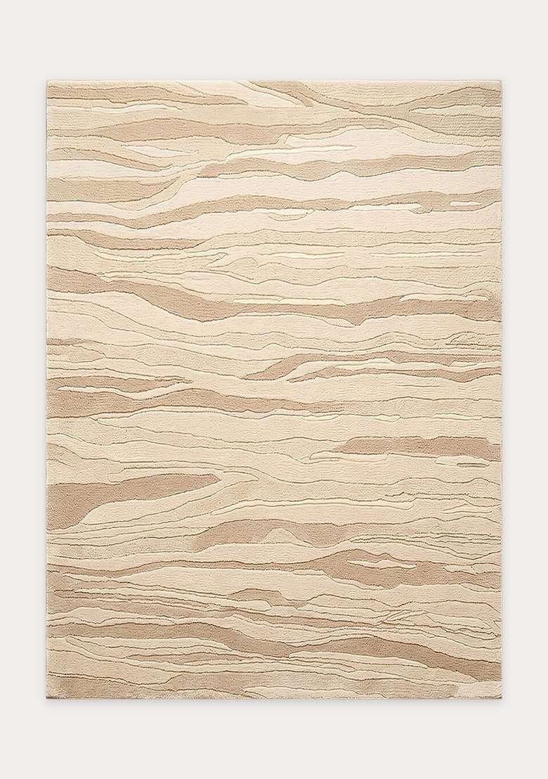 100% Wool Handmade Beige Rug | Contemporary Striped Carpet With Cotton Backing For Living Room - Indya