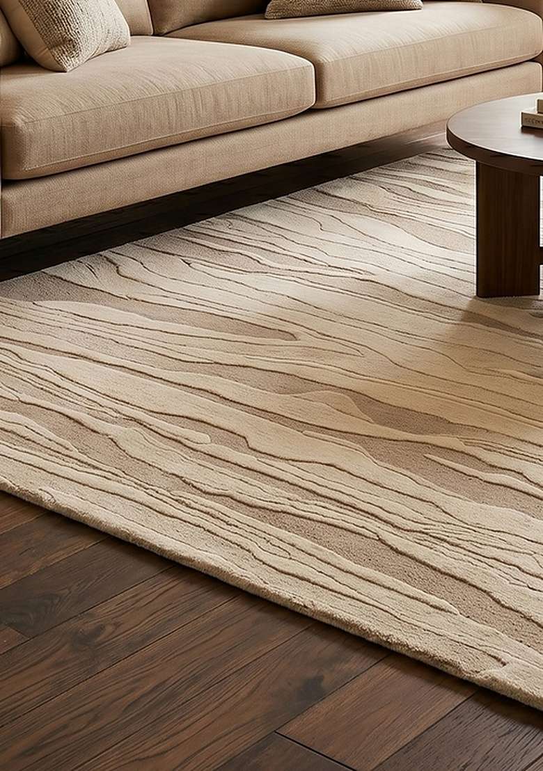 100% Wool Handmade Beige Rug | Contemporary Striped Carpet With Cotton Backing For Living Room - Indya