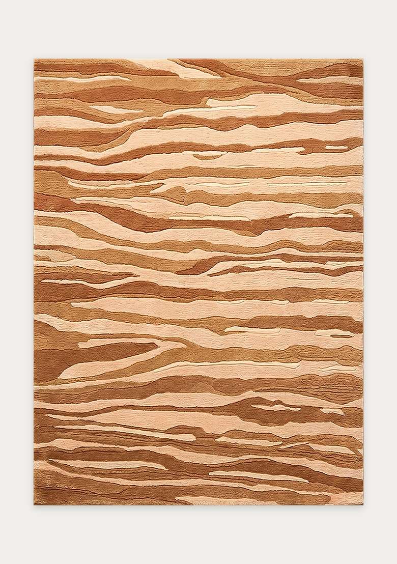 100% Wool Handmade Camel Tan Rug | Contemporary Striped Carpet With Cotton Backing For Living Room - Indya