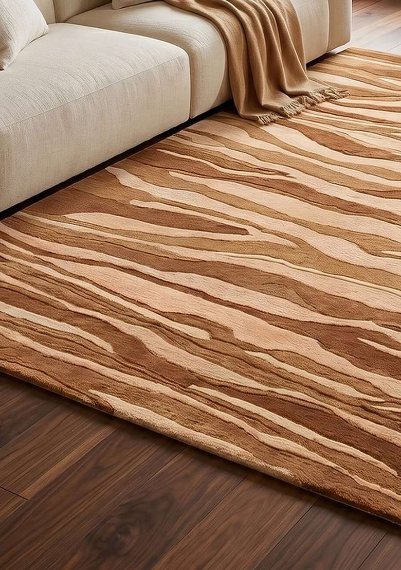 100% Wool Handmade Camel Tan Rug | Contemporary Striped Carpet With Cotton Backing For Living Room - Indya