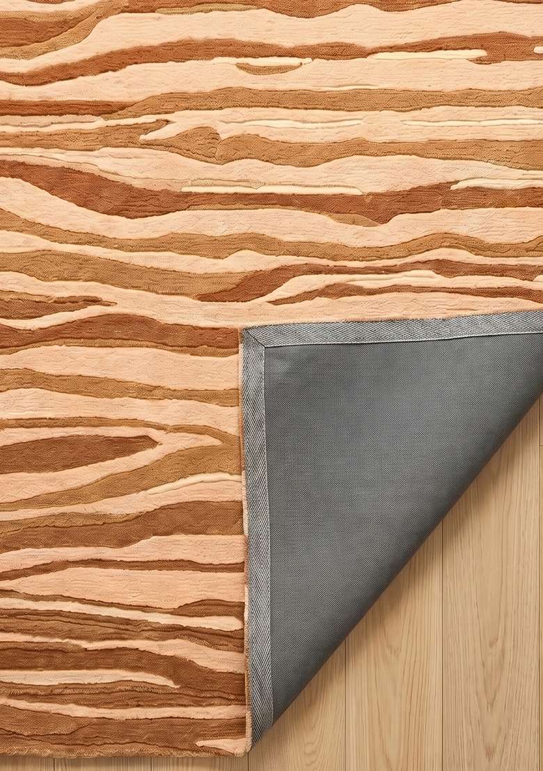 100% Wool Handmade Camel Tan Rug | Contemporary Striped Carpet With Cotton Backing For Living Room - Indya