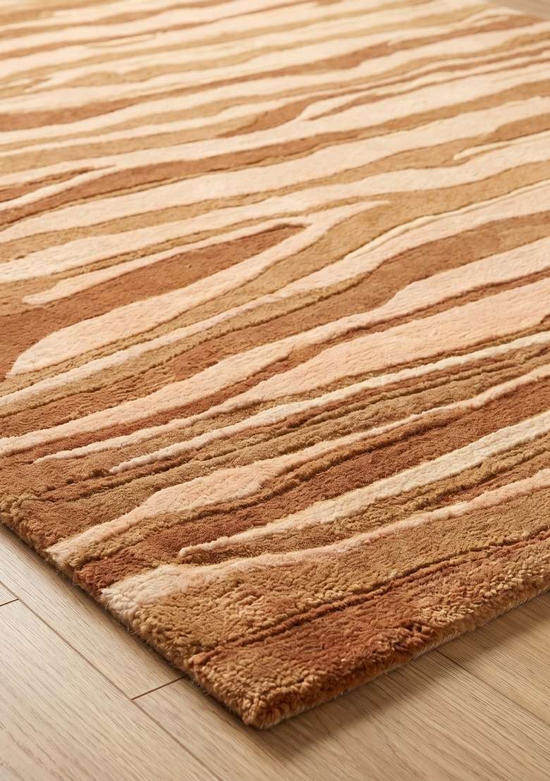 100% Wool Handmade Camel Tan Rug | Contemporary Striped Carpet With Cotton Backing For Living Room - Indya