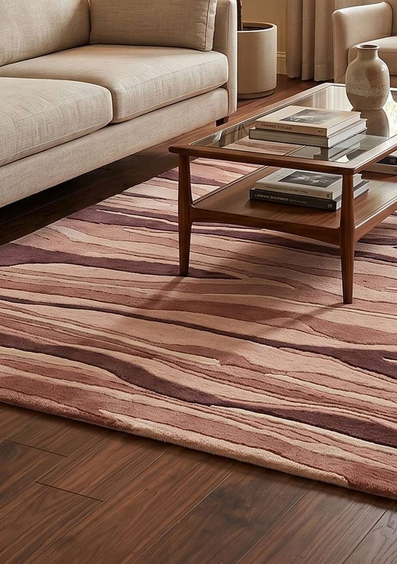 100% Wool Handmade Dusty Rose Rug | Contemporary Striped Carpet With Cotton Backing For Living Room - Indya
