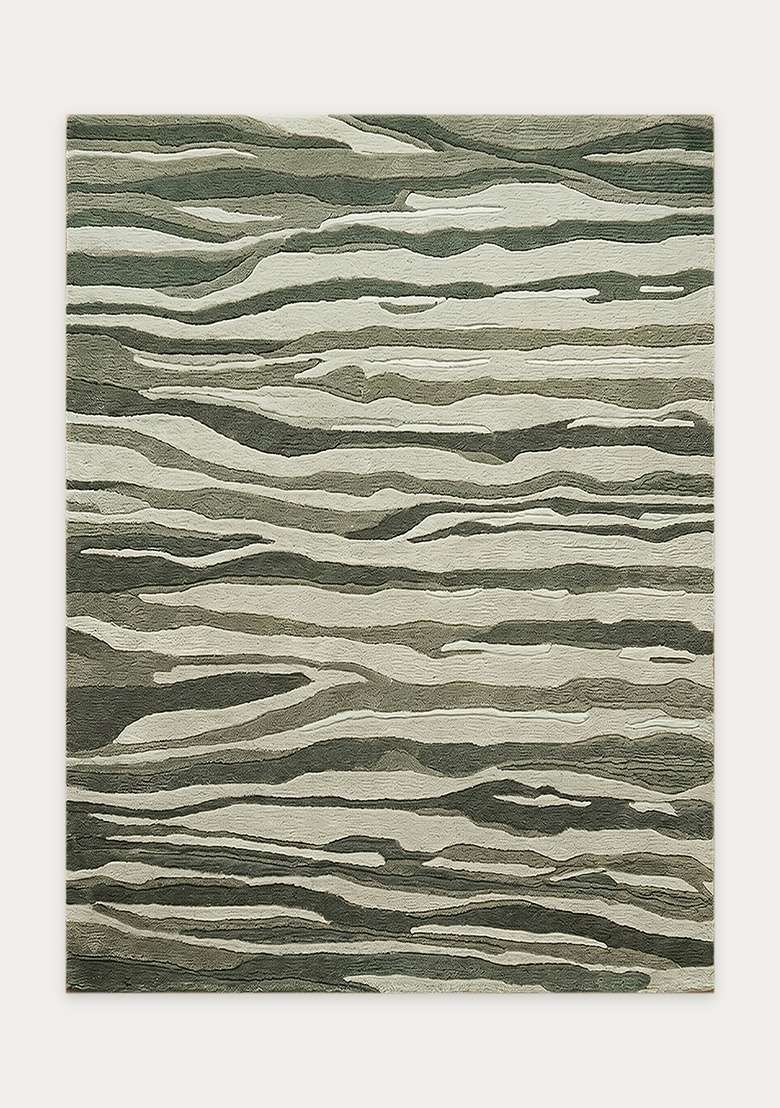 100% Wool Handmade Olive Green Rug | Contemporary Striped Carpet With Cotton Backing For Living Room - Indya