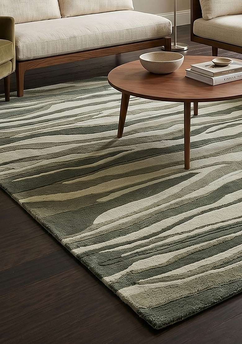 Saffron Rugs Hand-Tufted 100% Wool Area Rug | Olive Green Rectangular Rug | Cotton Backing | Contemporary Striped Home Decor Carpet for Living Room Bedroom - Indya