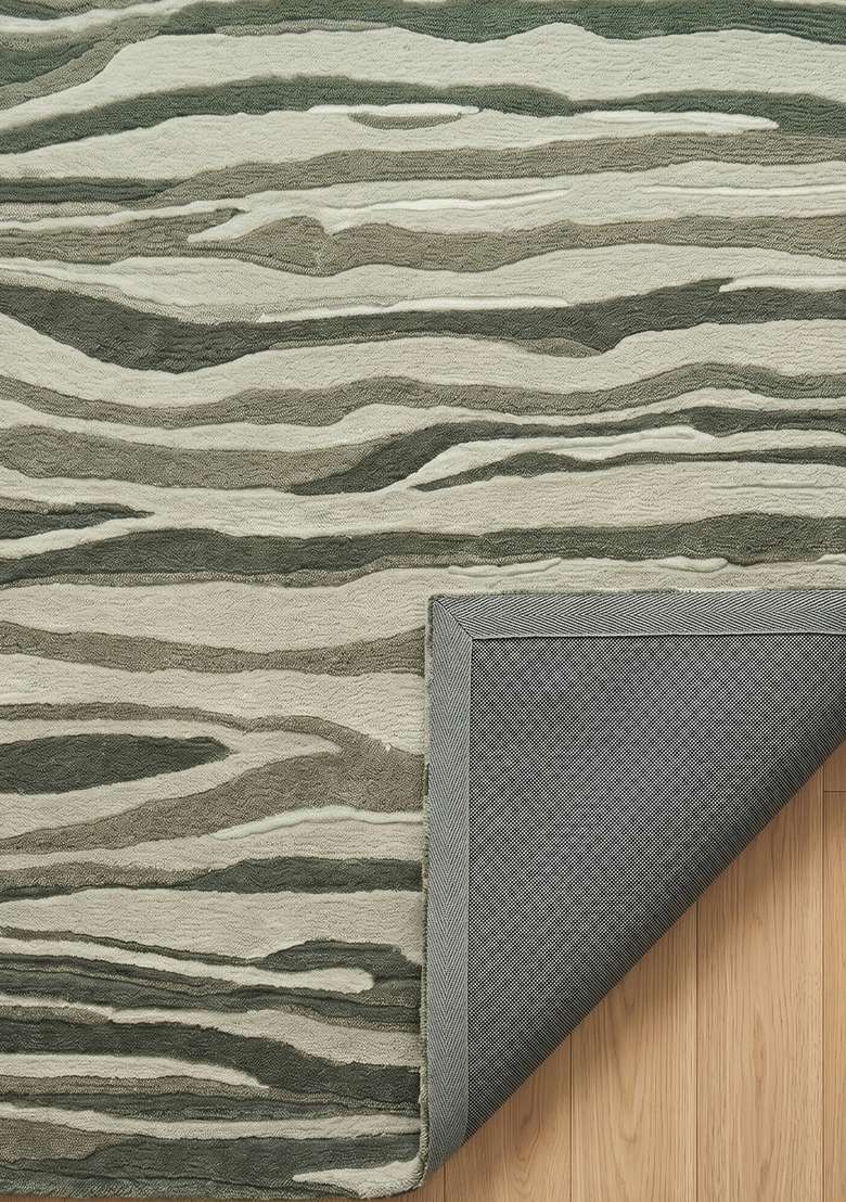 100% Wool Handmade Olive Green Rug | Contemporary Striped Carpet With Cotton Backing For Living Room - Indya