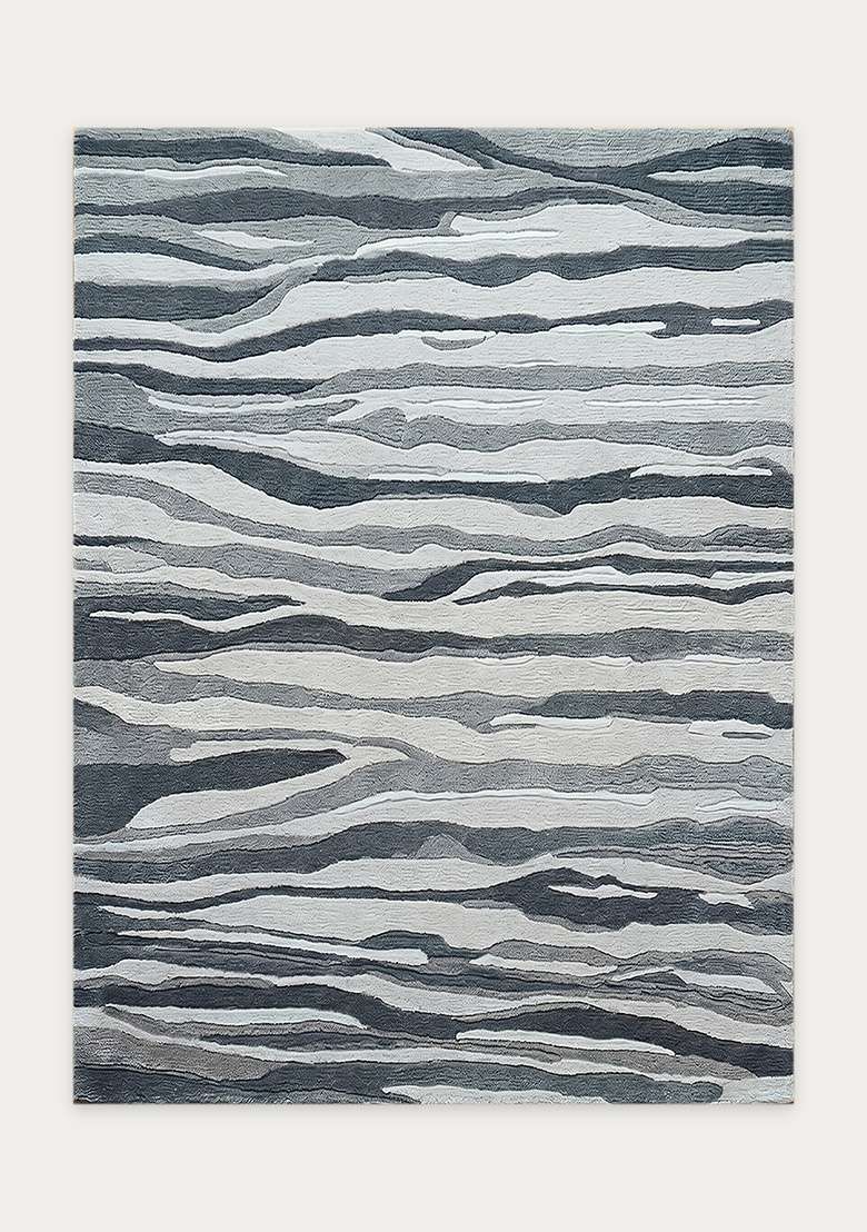 100% Wool Handmade Slate Gray Rug | Contemporary Striped Carpet With Cotton Backing For Living Room - Indya