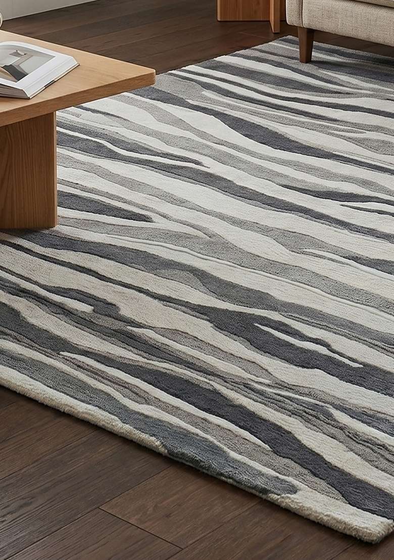 100% Wool Handmade Slate Gray Rug | Contemporary Striped Carpet With Cotton Backing For Living Room - Indya
