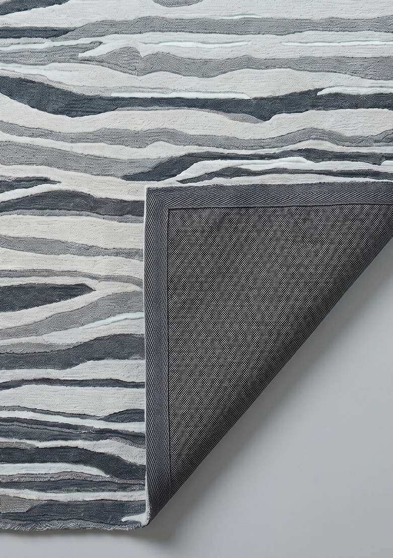 100% Wool Handmade Slate Gray Rug | Contemporary Striped Carpet With Cotton Backing For Living Room - Indya