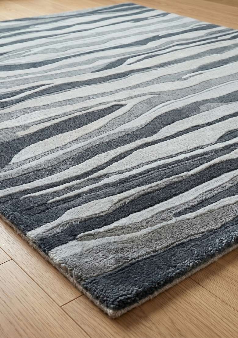 100% Wool Handmade Slate Gray Rug | Contemporary Striped Carpet With Cotton Backing For Living Room - Indya