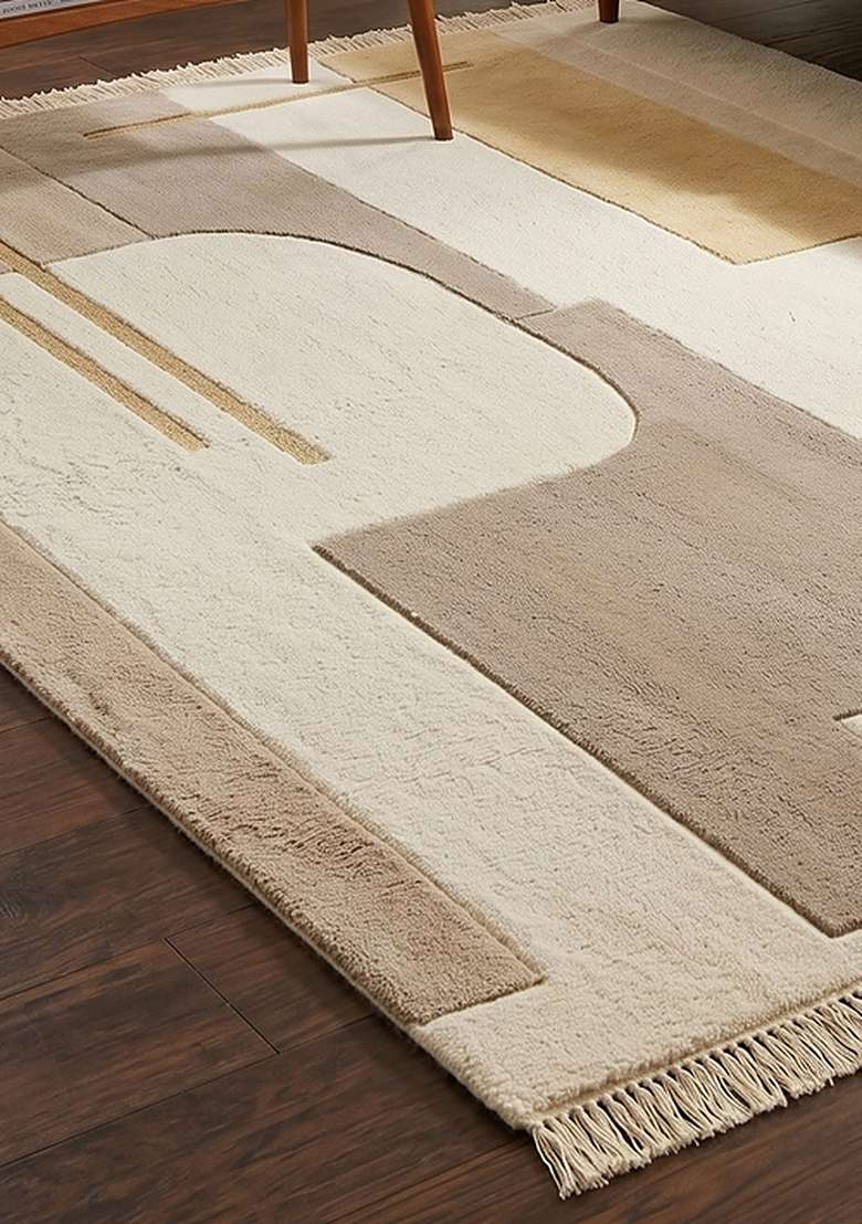 100% Wool Handmade Sand Beige Rug | Contemporary Geometric Carpet With Cotton Backing For Living Room - Indya