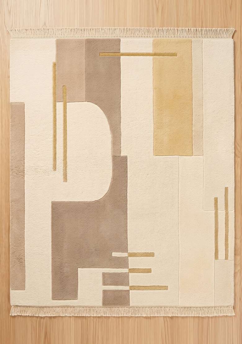 100% Wool Handmade Sand Beige Rug | Contemporary Geometric Carpet With Cotton Backing For Living Room - Indya