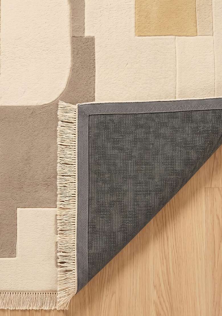 100% Wool Handmade Sand Beige Rug | Contemporary Geometric Carpet With Cotton Backing For Living Room - Indya