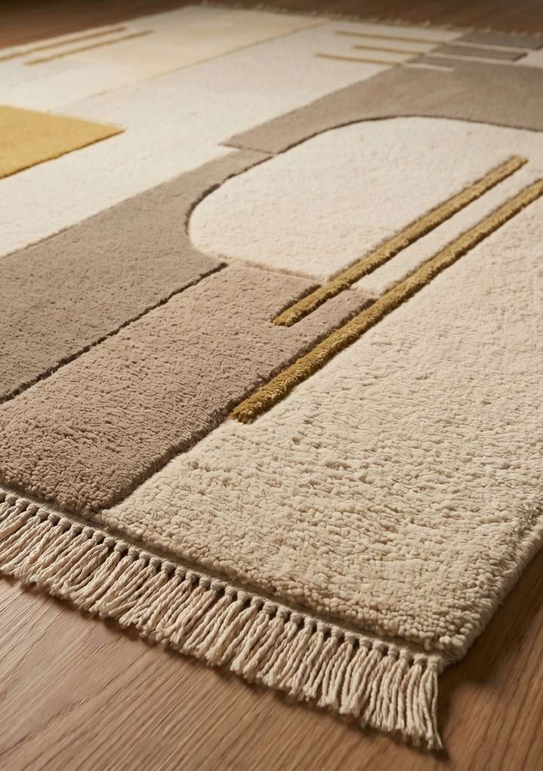 100% Wool Handmade Sand Beige Rug | Contemporary Geometric Carpet With Cotton Backing For Living Room - Indya