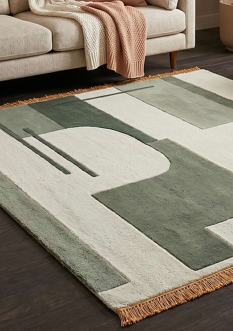 Saffron Rugs Sage Green Contemporary Geometric Hand Tufted Wool Rectangular Rug - Indya