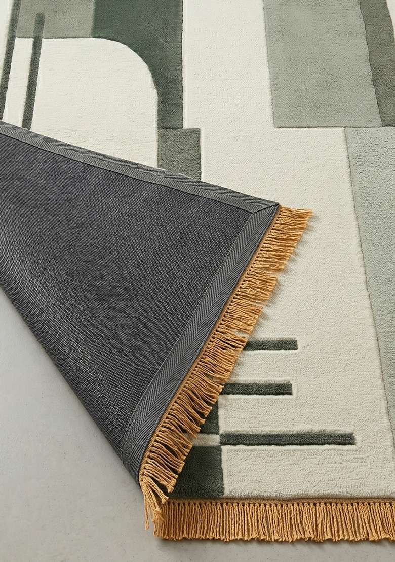 Saffron Rugs Sage Green Contemporary Geometric Hand Tufted Wool Rectangular Rug - Indya