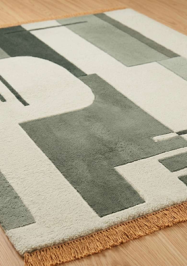 Saffron Rugs Sage Green Contemporary Geometric Hand Tufted Wool Rectangular Rug - Indya