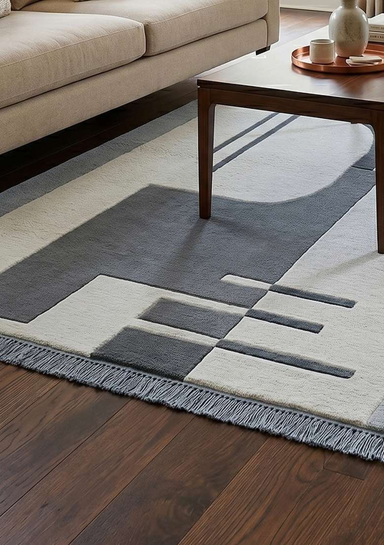 Saffron Rugs Ice Blue Contemporary Geometric Hand Tufted Wool Rectangular Rug - Indya