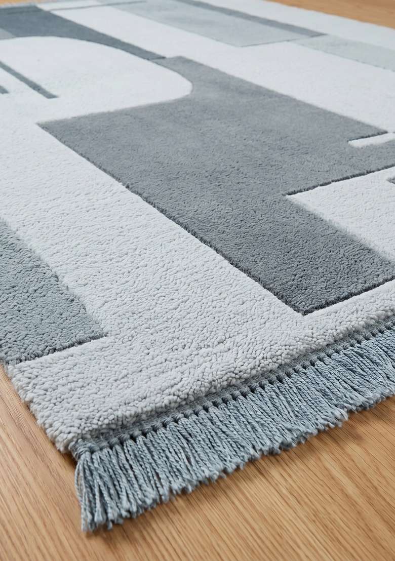 Saffron Rugs Ice Blue Contemporary Geometric Hand Tufted Wool Rectangular Rug - Indya