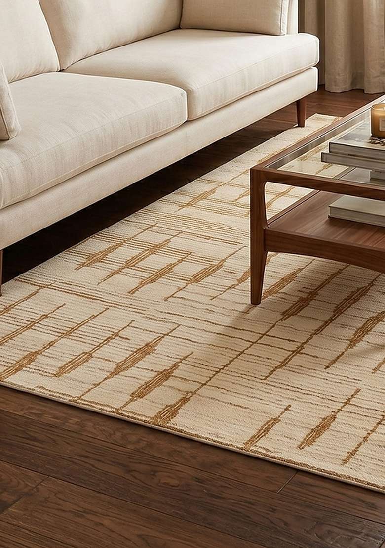 100% Wool Handmade Golden Ochre Rug | Bohemian Geometric Carpet With Cotton Backing For Living Room - Indya