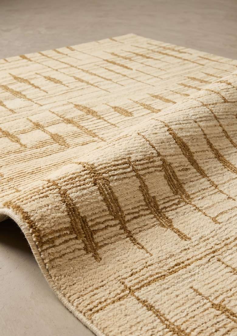 100% Wool Handmade Golden Ochre Rug | Bohemian Geometric Carpet With Cotton Backing For Living Room - Indya