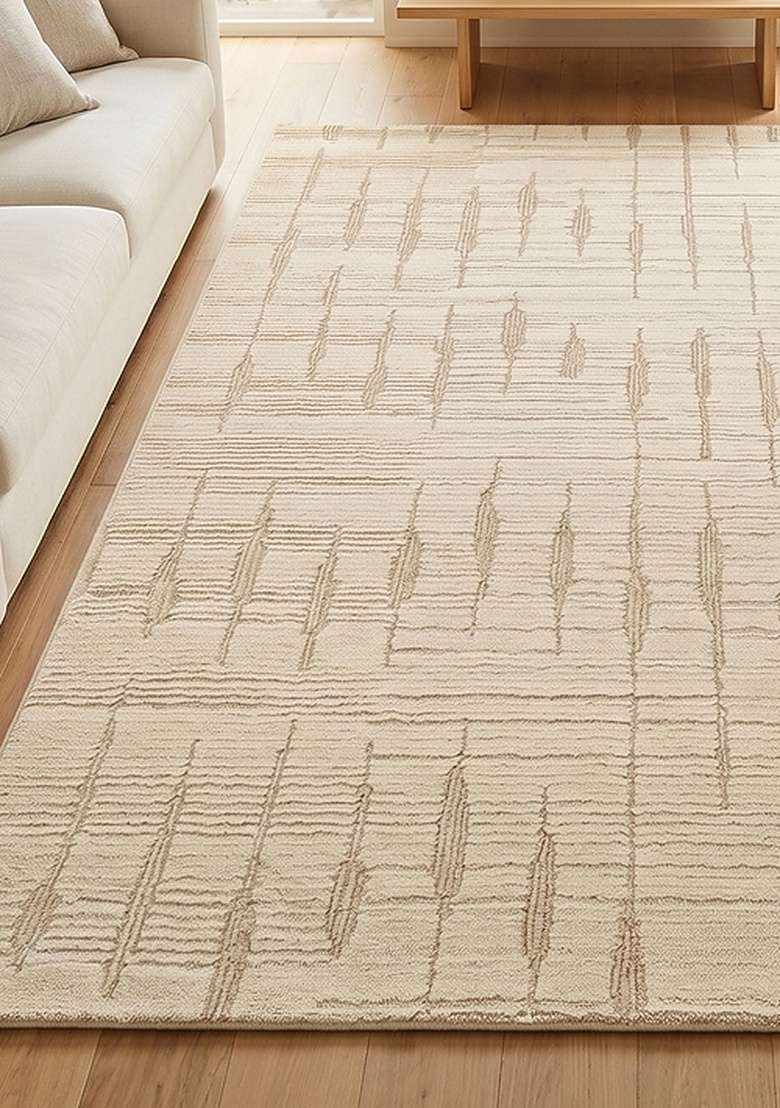 100% Wool Handmade Cream Rug | Bohemian Geometric Carpet With Cotton Backing For Living Room - Indya