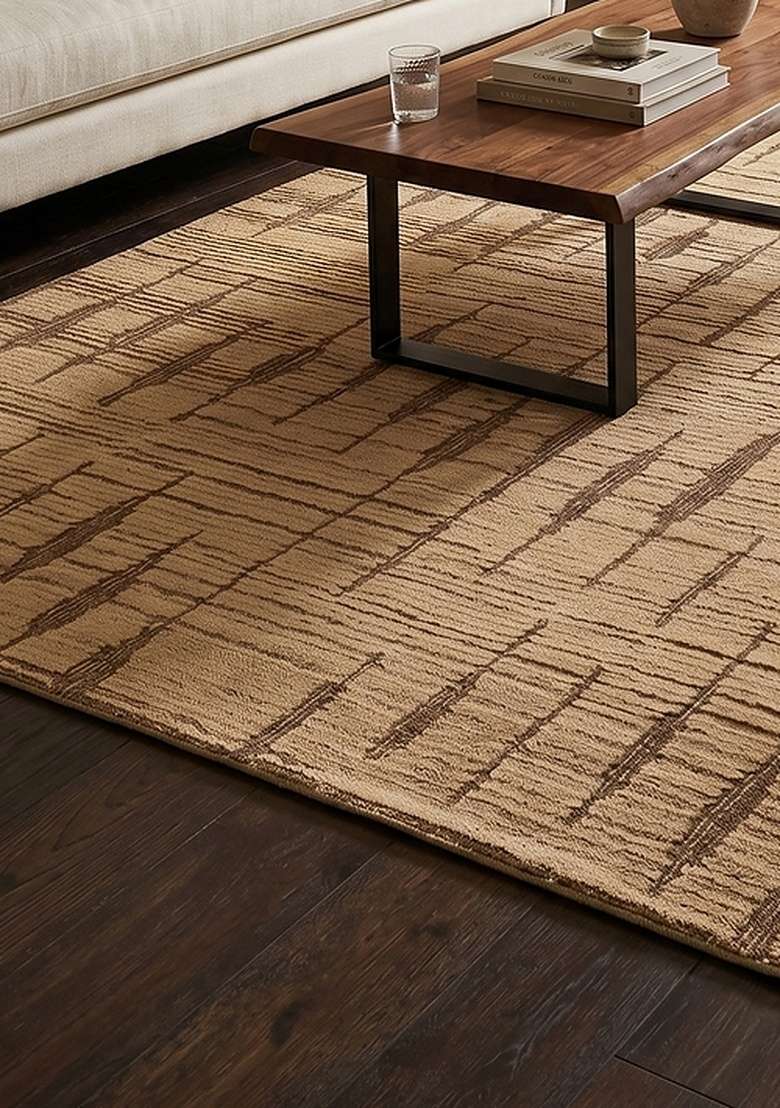 100% Wool Handmade Camel Beige Rug | Bohemian Geometric Carpet With Cotton Backing For Living Room - Indya