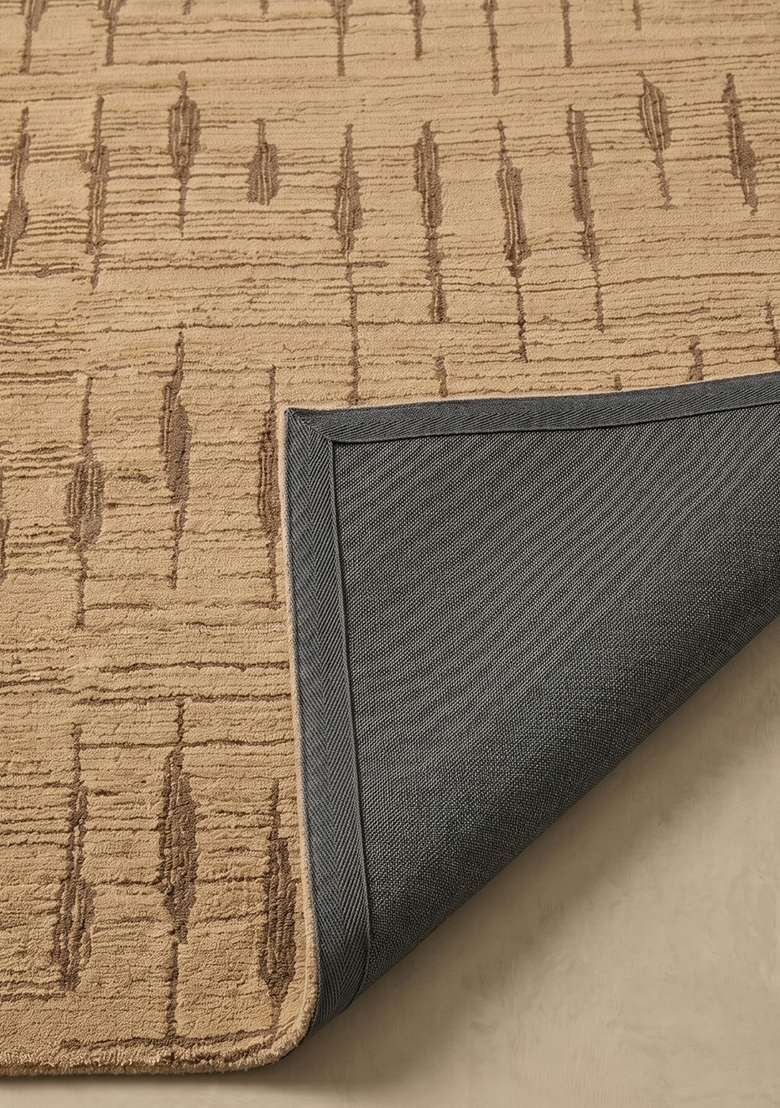 100% Wool Handmade Camel Beige Rug | Bohemian Geometric Carpet With Cotton Backing For Living Room - Indya