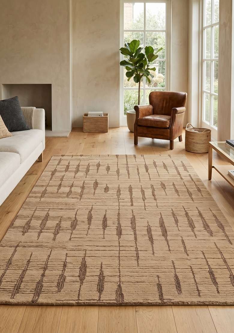 100% Wool Handmade Camel Beige Rug | Bohemian Geometric Carpet With Cotton Backing For Living Room - Indya