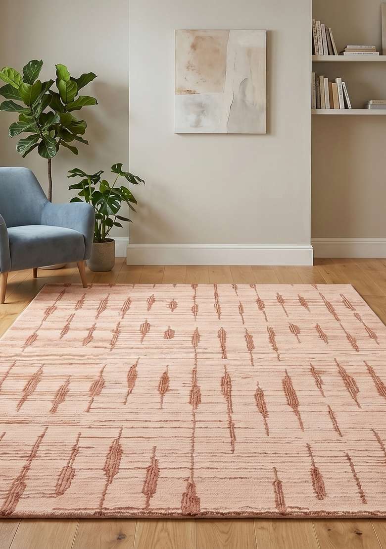 100% Wool Handmade Dusty Rose Rug | Bohemian Geometric Carpet With Cotton Backing For Living Room - Indya